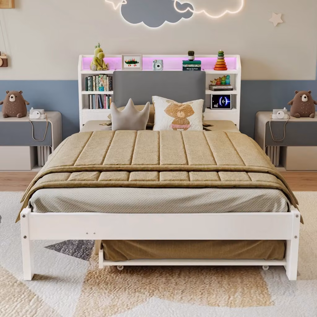 Letto Mivray con letto estraibile, testiera imbottita con LED, ricarica USB e vani contenitore, colore bianco, L/P/H: 217 x 120 x 85 cm (letto estraibile 90 x 190 cm) – 2