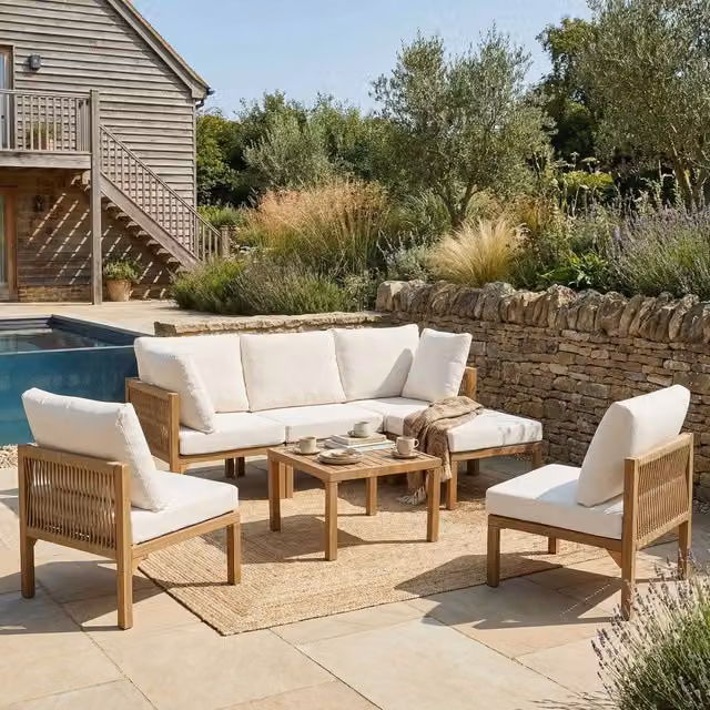 Divano angolare da giardino modulare convertibile ¨C Minimal ¨C beige legno