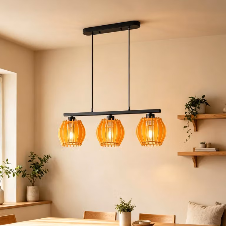 Lampada a sospensione in legno, 3 luci, attacco E27, altezza regolabile, 59x15x14 cm