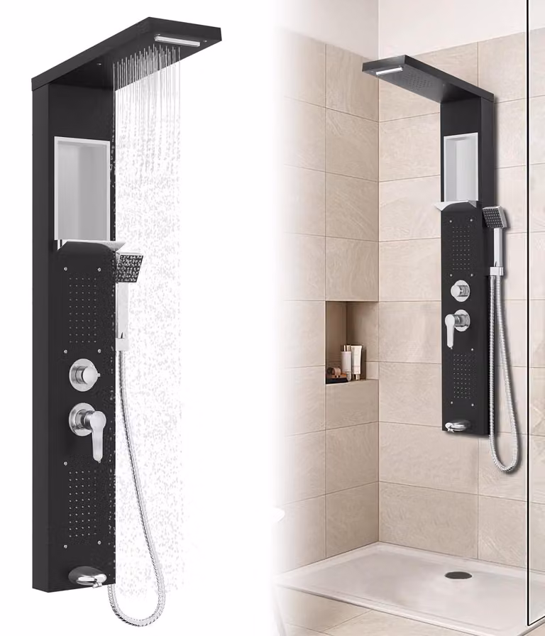 Pannello doccia - Doccia a pioggia - Sistema doccia con 5 funzioni - Nero - 122 cm - Acciaio inossidabile