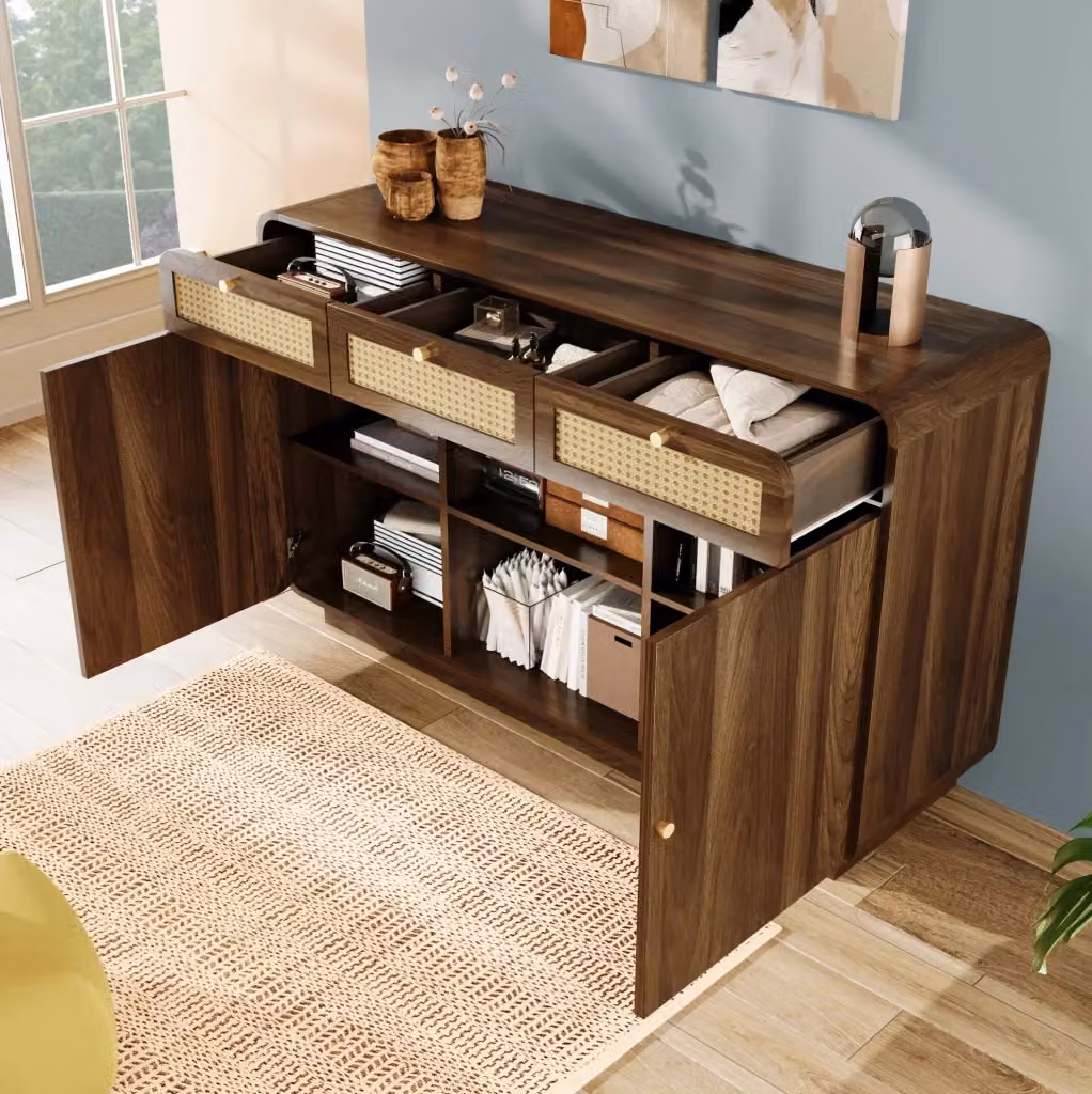 Credenza vintage in legno e rattan con dettagli oro, colore marrone, L: 120 cm, P: 40 cm, H: 85 cm – 2