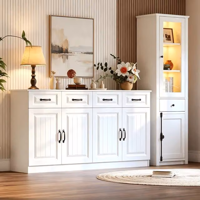 Set di mobili contenitore e vetrina in MDF bianco con ante in vetro e illuminazione LED USB