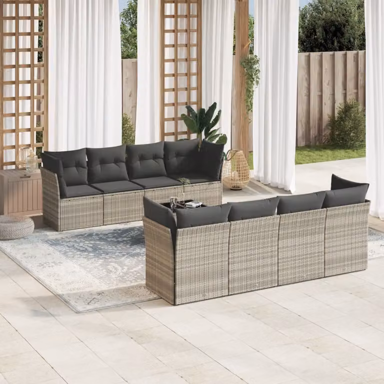 Set Divano da Giardino vidaXL 9pz in Polyrattan Grigio con Cuscini e Tavolino da Esterno