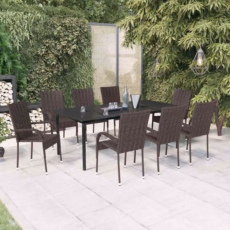 Set da pranzo da giardino vidaXL in rattan con tavolo in vetro e 9 pezzi marrone e nero