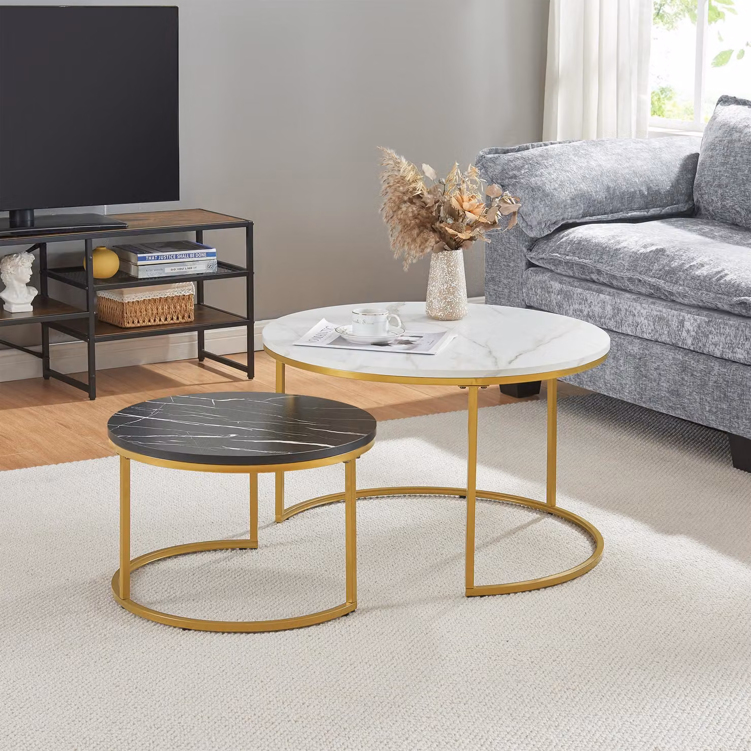Set di 2 tavolini 'Christchurch' con struttura in metallo effetto marmo, bianco/nero/oro