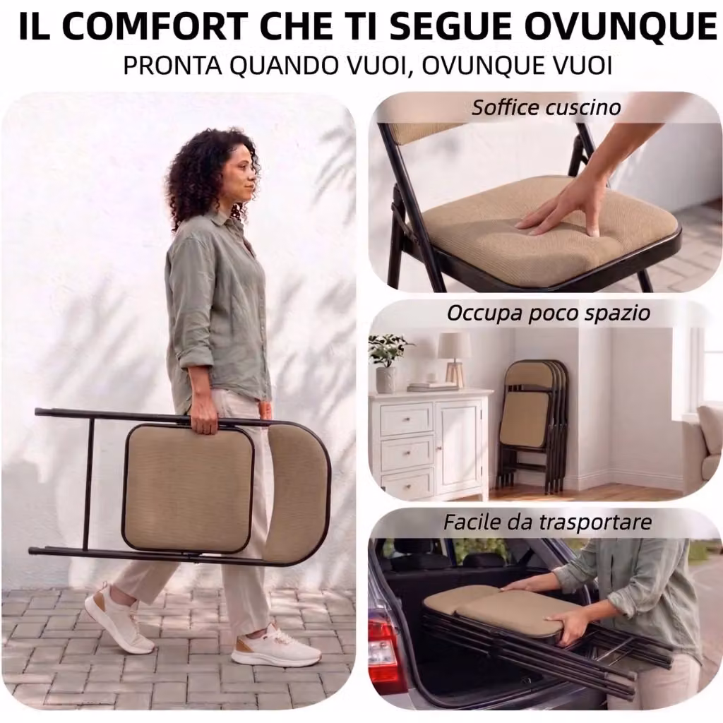 Set di 6 sedie pieghevoli Marvin in metallo con seduta imbottita in tessuto, salvaspazio e impilabili, colore Nero / Beige – 2