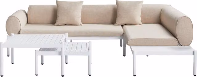 Set da giardino Beliani composto da divano angolare beige e tavolino da esterno in alluminio verniciato a polvere con cuscini in tessuto olefinico resistente ai raggi UV