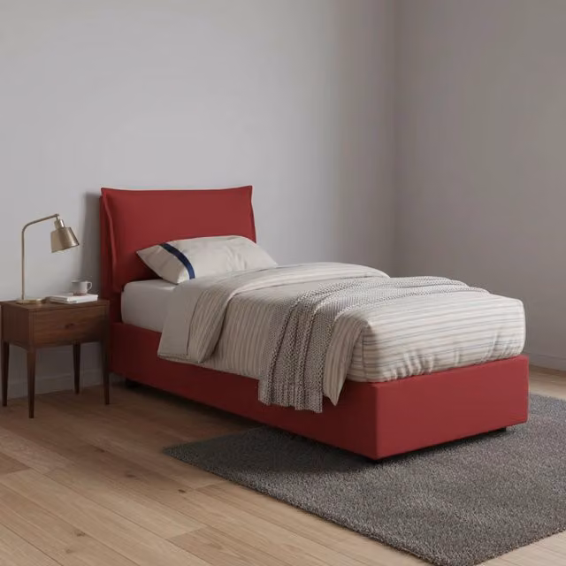 Letto singolo contenitore Armaduk di Talamo Italia con rivestimento in tessuto e materasso incluso, colore rosso, dimensioni materasso: 80 x 190 cm – 1
