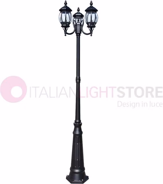 ENEA Lampione da esterno a 3 luci in alluminio nero per giardino e viali, Altezza: 242 cm