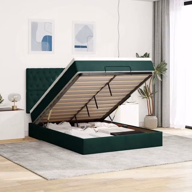 Letto con Contenitore a Sollevamento vidaXL in Velluto Verde e Bianco con Porte USB e Illuminazione Sotto il Letto L: 200 cm, P: 140 cm, H: 280 cm – 1