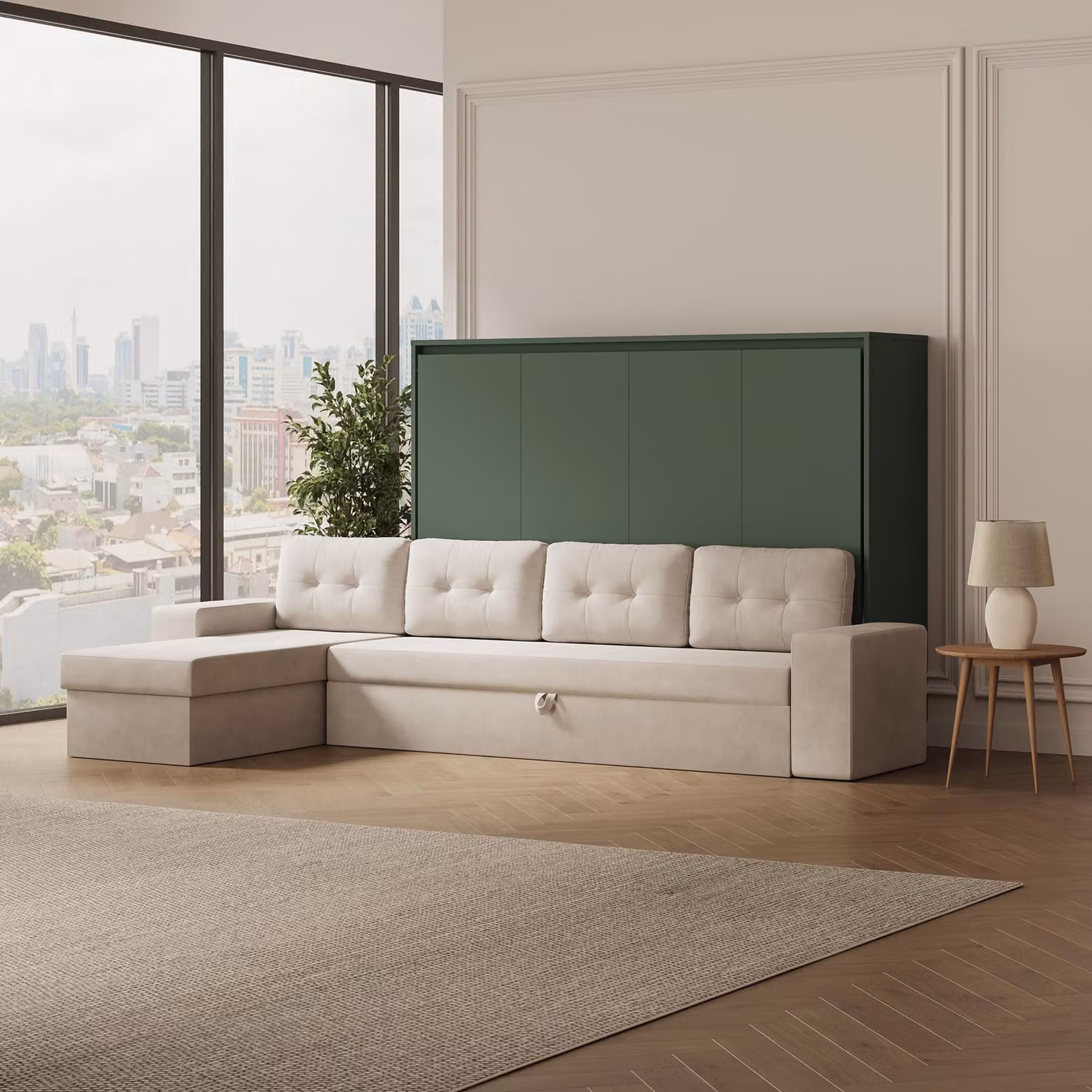 SMARTBett Letto a scomparsa M2 Orizzontale 140x200 con divano ad angolo grigio sabbia Verde pietra