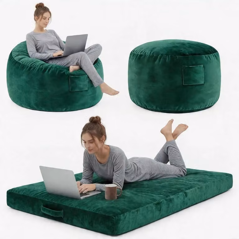 Divano pouf gigante - Divano letto a forma di L - Rivestimento in velluto - Imbottitura in schiuma - Adatto per soggiorno e camera da letto - Verde militare