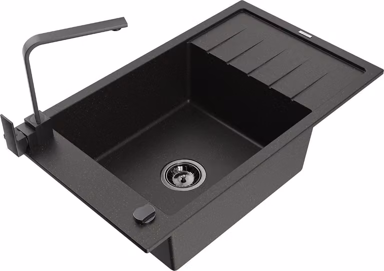 Mexen Elias lavello in granito a 1 vasca con sgocciolatoio e rubinetto da cucina Rita, nero/oro metallizzato