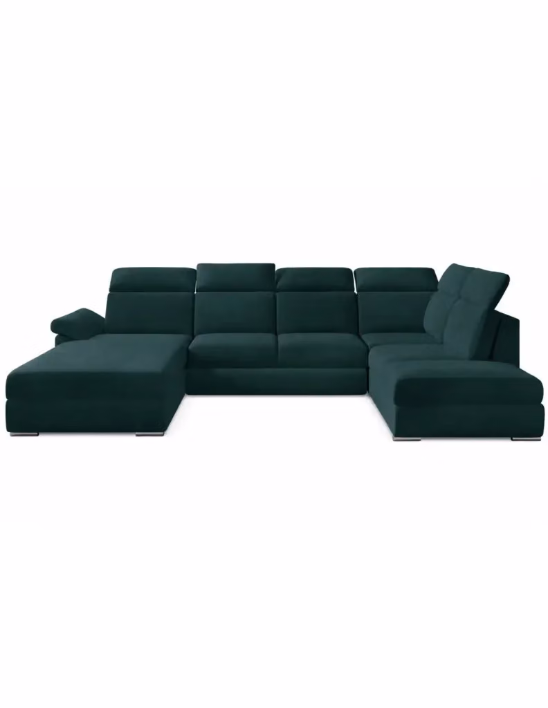 Divano panoramico convertibile MAJESTA di MEUBLORAMA a forma di U, colore verde, con angolo sinistro, funzione letto, poggiatesta regolabile e contenitore – 2