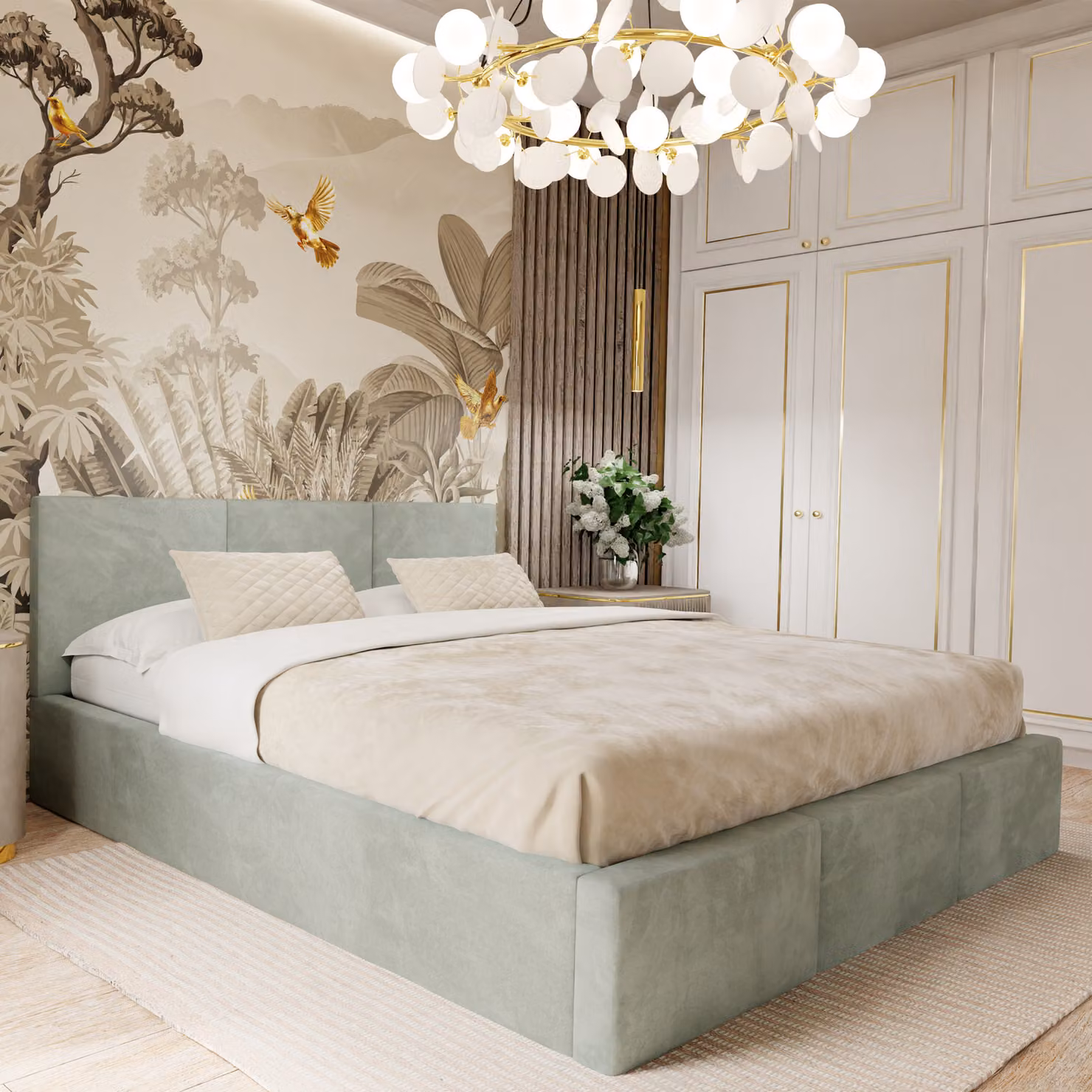 Muralo Letto imbottito per camera da letto Letto imbottito con rete e molla a gas Letto con testiera imbottita Letto matrimoniale 180x200 Letto con contenitore Menta
