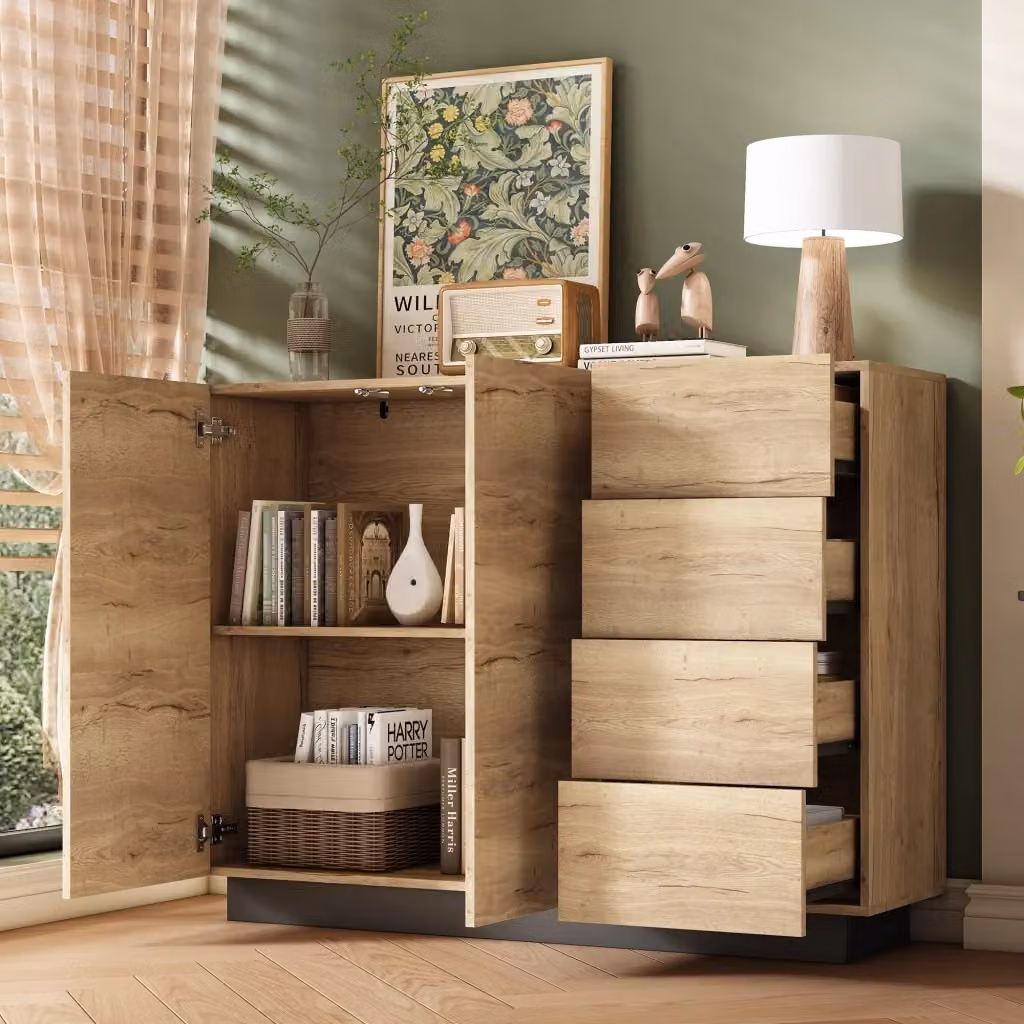 Credenza moderna con 2 ante a pressione e 4 cassetti in MDF per soggiorno, cucina o sala da pranzo, colore nero e beige, L 120 x P 35.5 x H 90.5 cm – 2