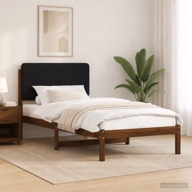 Letto moderno vidaXL con testiera rivestita in tessuto e struttura in legno di acacia, Marrone scuro e Nero, L 80 x P 200 cm