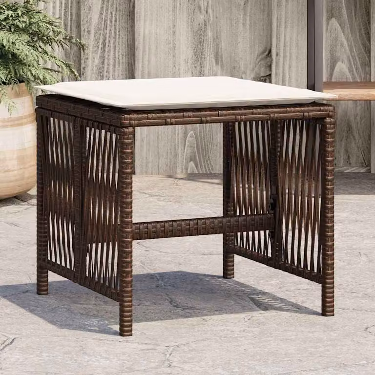 Set di 4 sgabelli da giardino vidaXL in polyrattan marrone con cuscini bianchi L/P/H: 41 x 41 x 36 cm