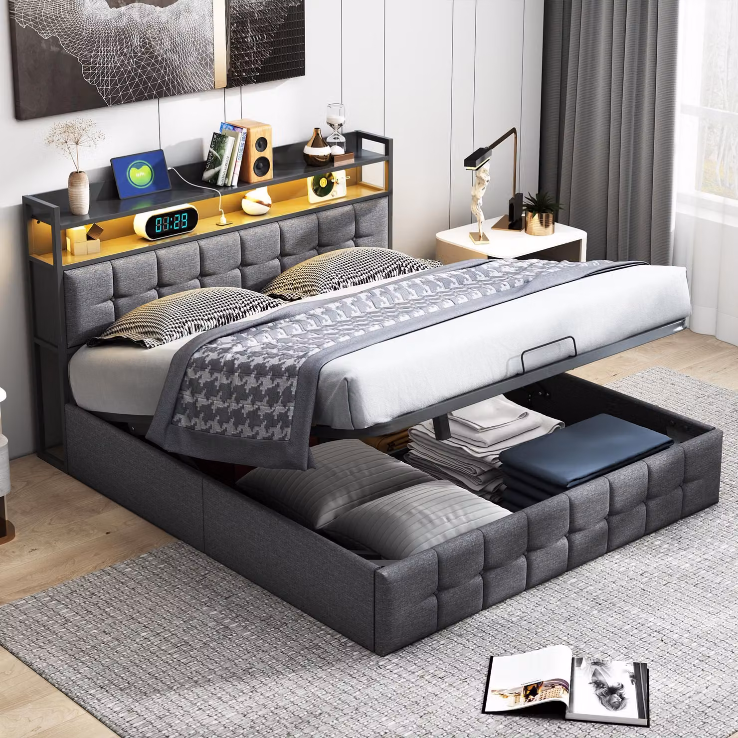 UnboxG Letto imbottito 140x190 cm grigio, illuminazione LED RGB del letto, spazio di archiviazione idraulico, porta di ricarica USB e Type-C, biancheria, letto moderno morbido, grigio