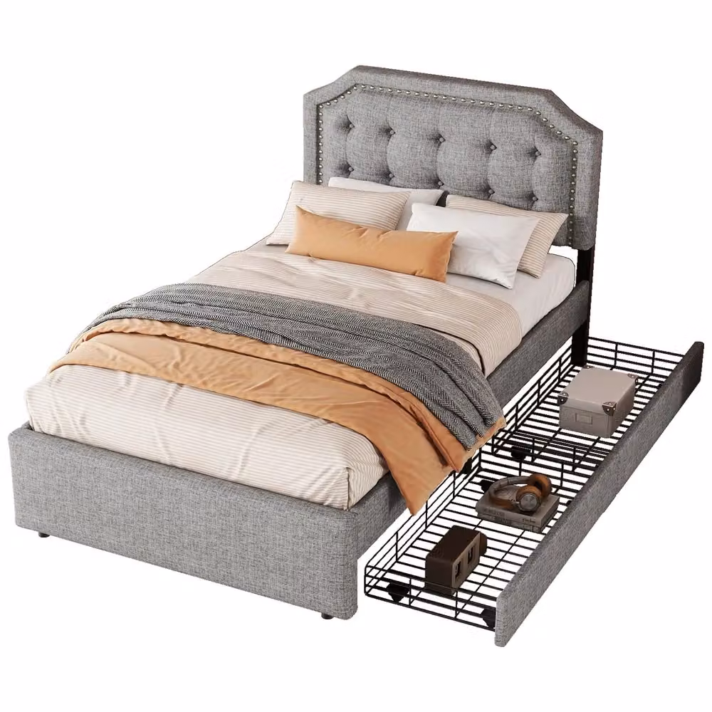 Letto singolo imbottito Minimal grigio in tessuto con 2 cassetti L/P/H: 90 x 200 cm – 2