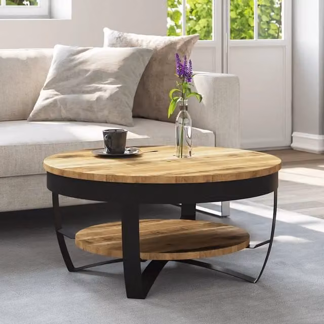 Tavolino da salotto rotondo vidaXL in legno di mango e metallo, marrone, L: 65 cm, P: 32 cm, H: 32 cm – 1