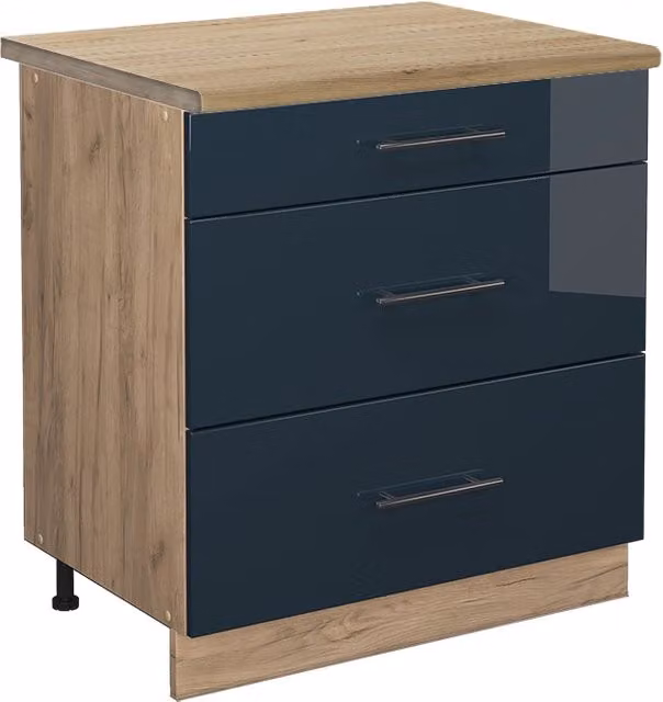 Mobiletto base per cucina Fame-Line Blu scuro lucido/Rovere dorato 80 cm con 3 cassetti, PL Rovere Vicco