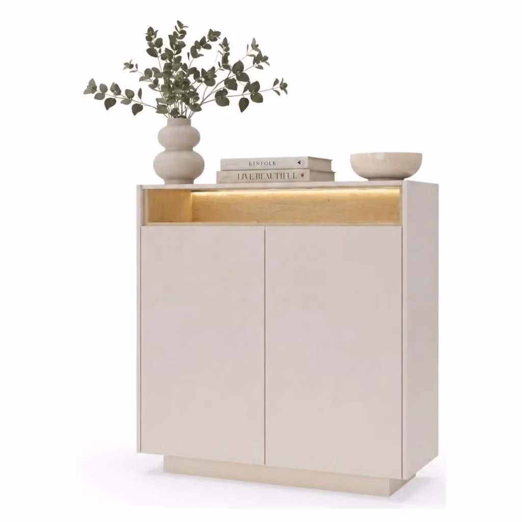 Madia Halane DMORA con 4 ripiani e illuminazione integrata, colore beige e rovere, L: 103 cm, P: 40 cm, H: 119 cm – 2