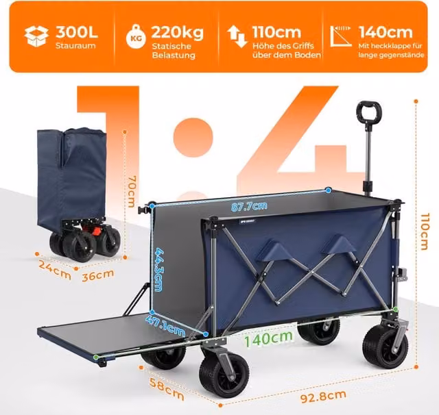 Carrello pieghevole con sponda estensibile e ruote fuoristrada