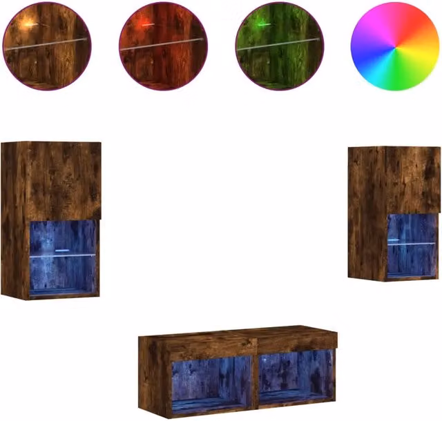 Mobili TV a Muro 4pz | Armadietto TV | Mobile Porta TV con Luci LED Rovere Fumo