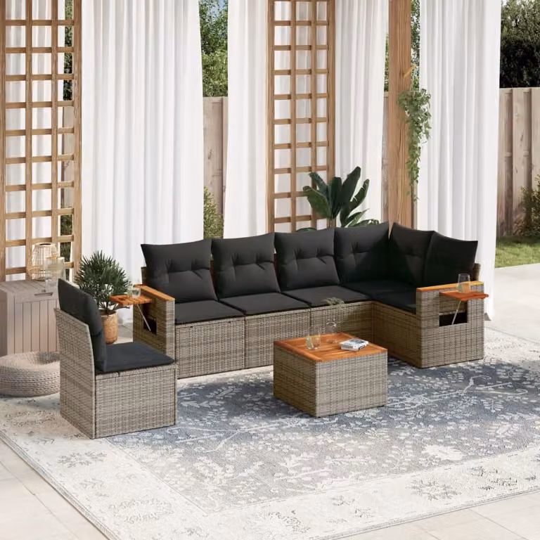 vidaXL Set Divani da Giardino 7 pz in Polyrattan Grigio con Cuscini e Tavolino da Esterno