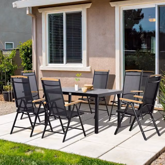Set da pranzo da giardino per 6 persone con tavolo 140x90 cm e sedie pieghevoli; nero