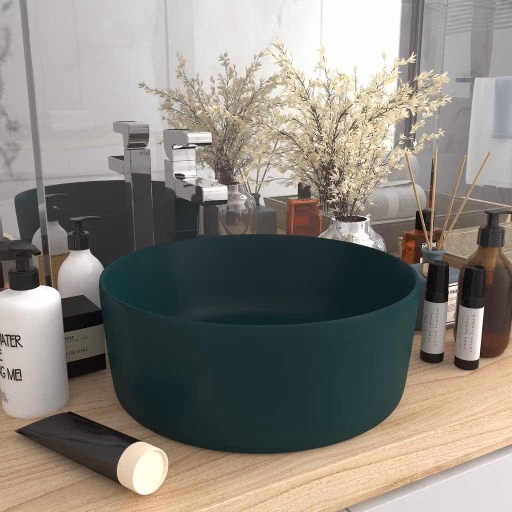 The Living Store Lussuoso lavabo rotondo verde scuro opaco 40x15 cm in Vetroceramica