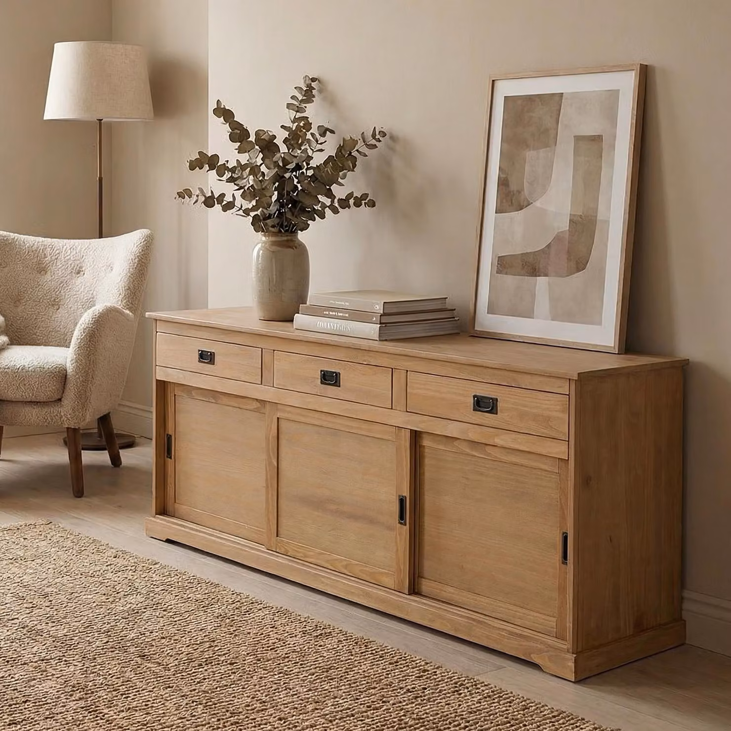 Credenza SAVONA Cassettiera a 3 ante e 3 cassetti, in legno massiccio, color rovere, mobile buffet, mobile per stoviglie, in legno massiccio