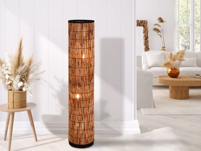 Piccola lampada da terra da 120 cm con paralume in rattan, lampada a colonna per soggiorno e camera da letto