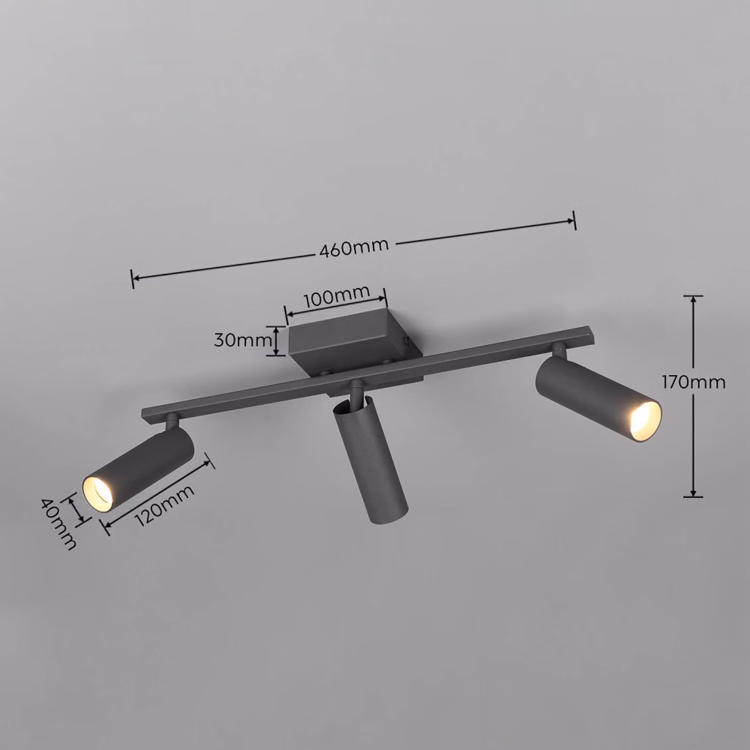 Trio Lighting Faretto da soffitto Dara, lunghezza 46 cm, antracite, metallo, a 3 luci. Dara, Nero, Soggiorno / Sala da pranzo, Metallo, Moderno, Downlight
