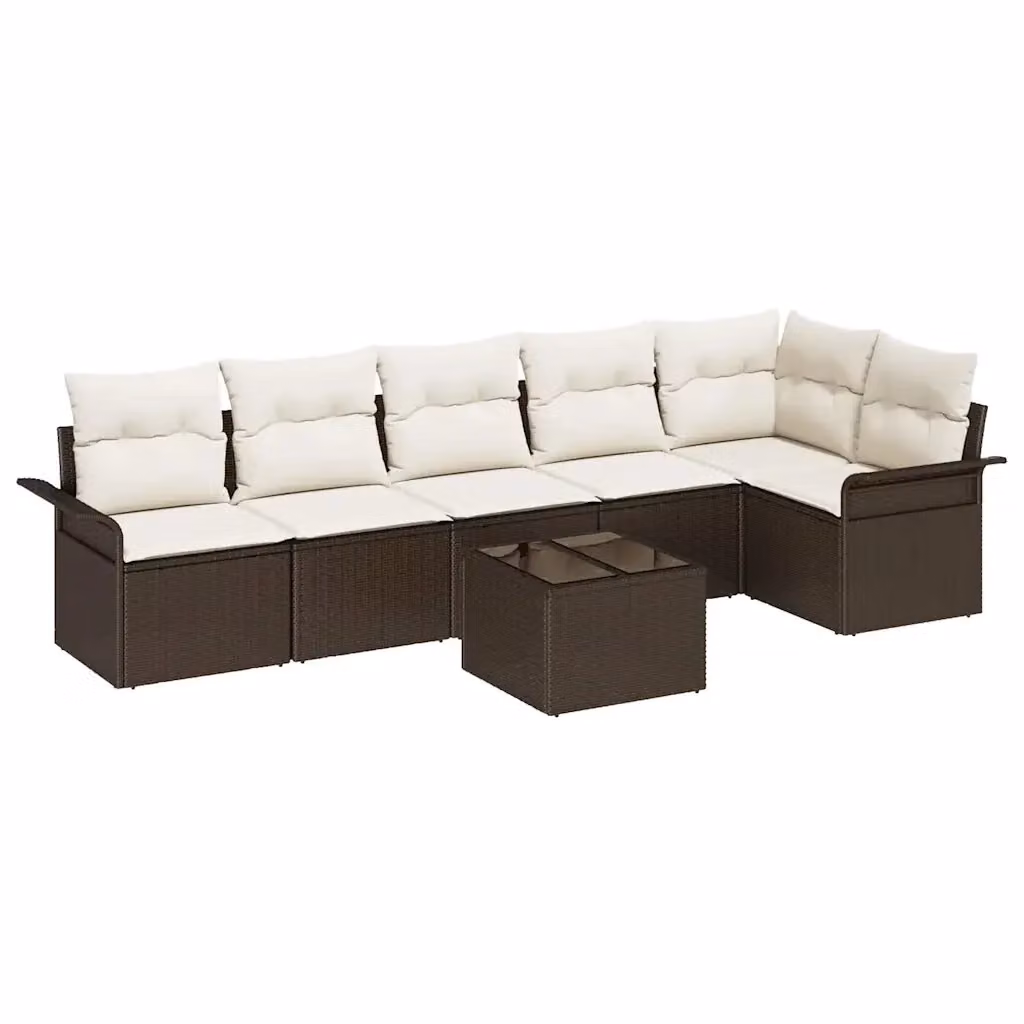 Set Divano da Giardino vidaXL 7 Pezzi a Forma di L Marrone con Cuscini e Tavolino in Vetro – 2