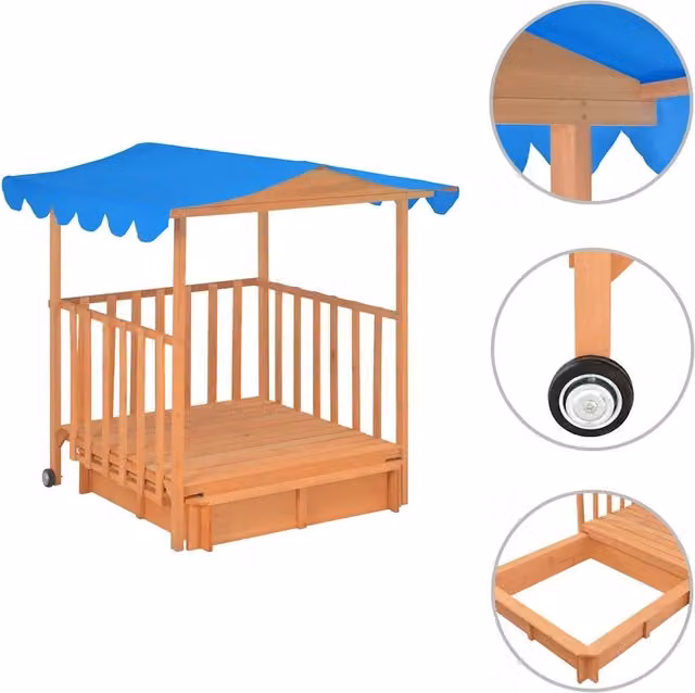 Casetta dei Giochi con Sabbiera in Legno di Abete Blu e Marrone con Protezione UV50 DESIGN IN L/P/H: 143 x 130 x 130 cm
