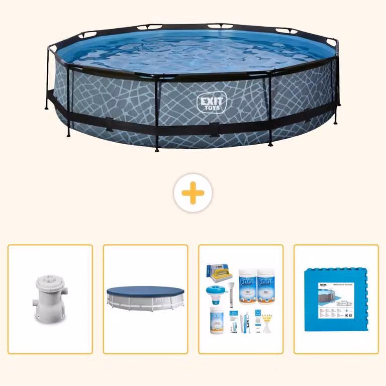Piscina a sfioro "Exit Pool Rund" - Design effetto pietra - 360x76 cm - 5 pezzi - Modello SCB16