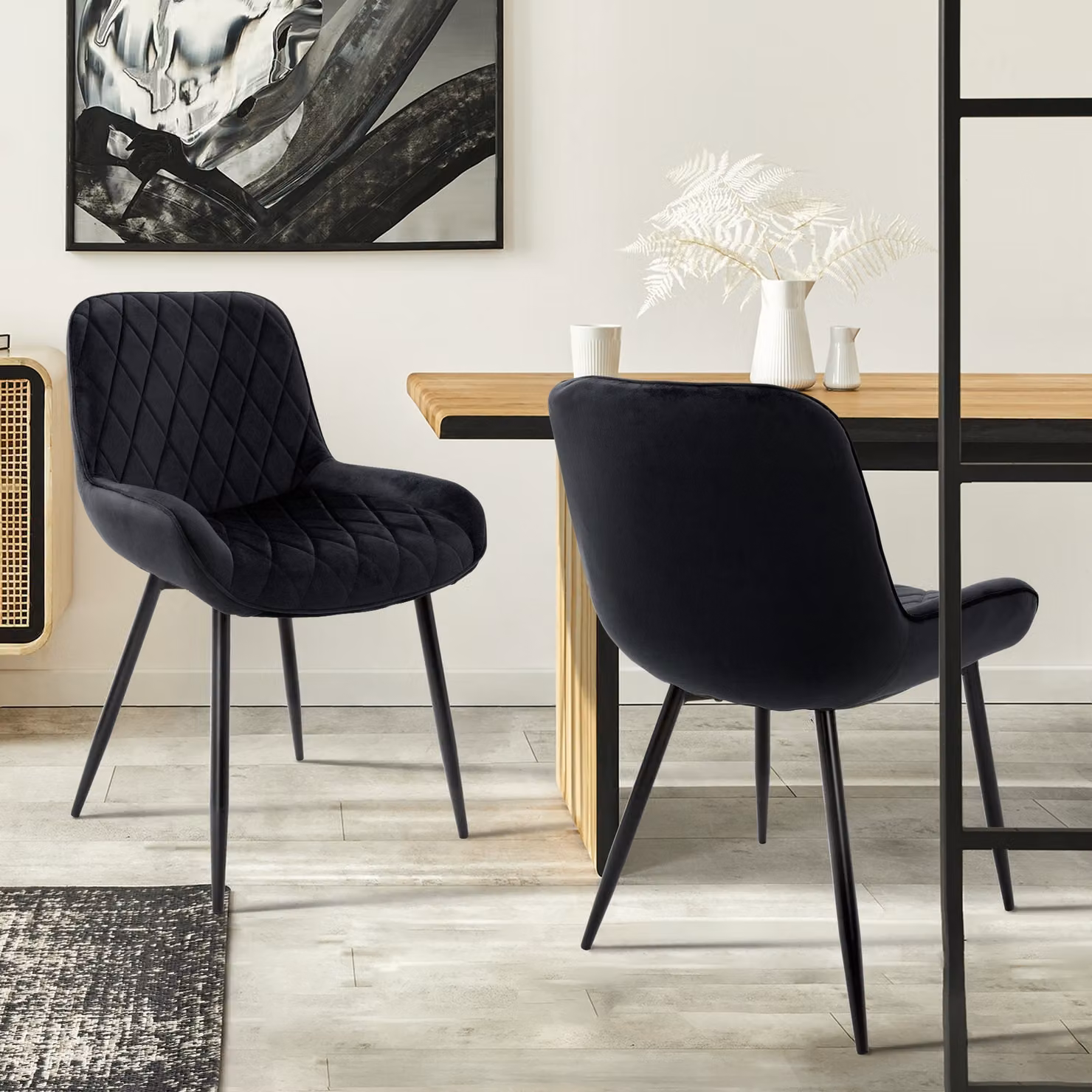 ML-Design set di 2 sedie da pranzo con schienale e braccioli, nero, seduta in velluto, sedia imbottita con gambe in metallo