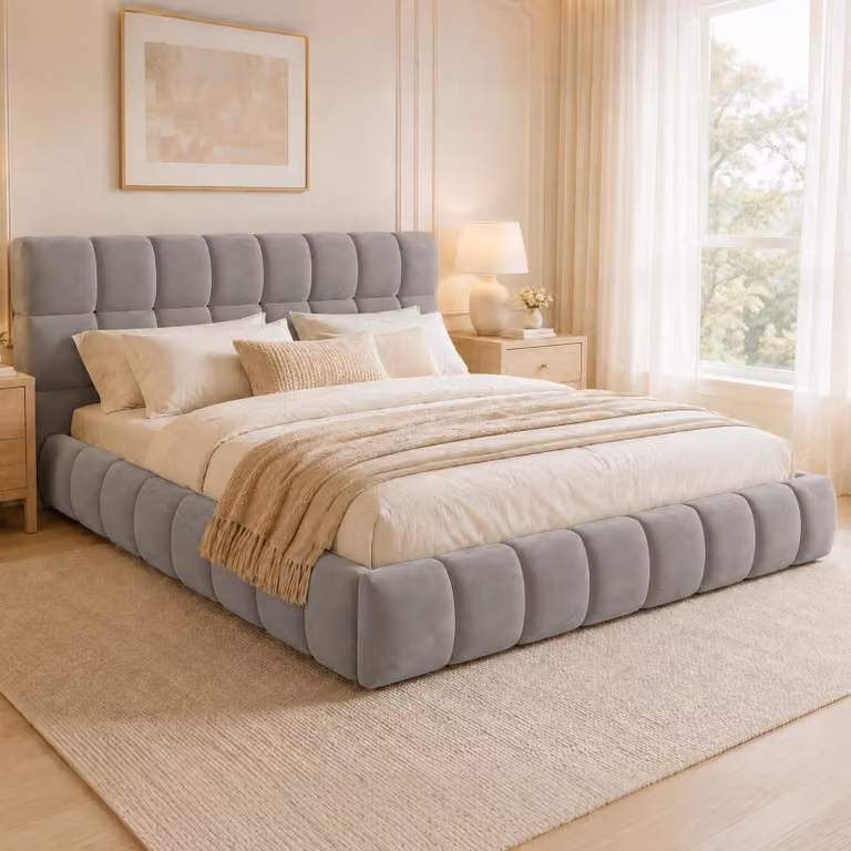 Letto matrimoniale MODFU 140 x 200 con testiera e sponde imbottite, letto per ragazzi con materasso incassato e rete a doghe, senza materasso, grigio