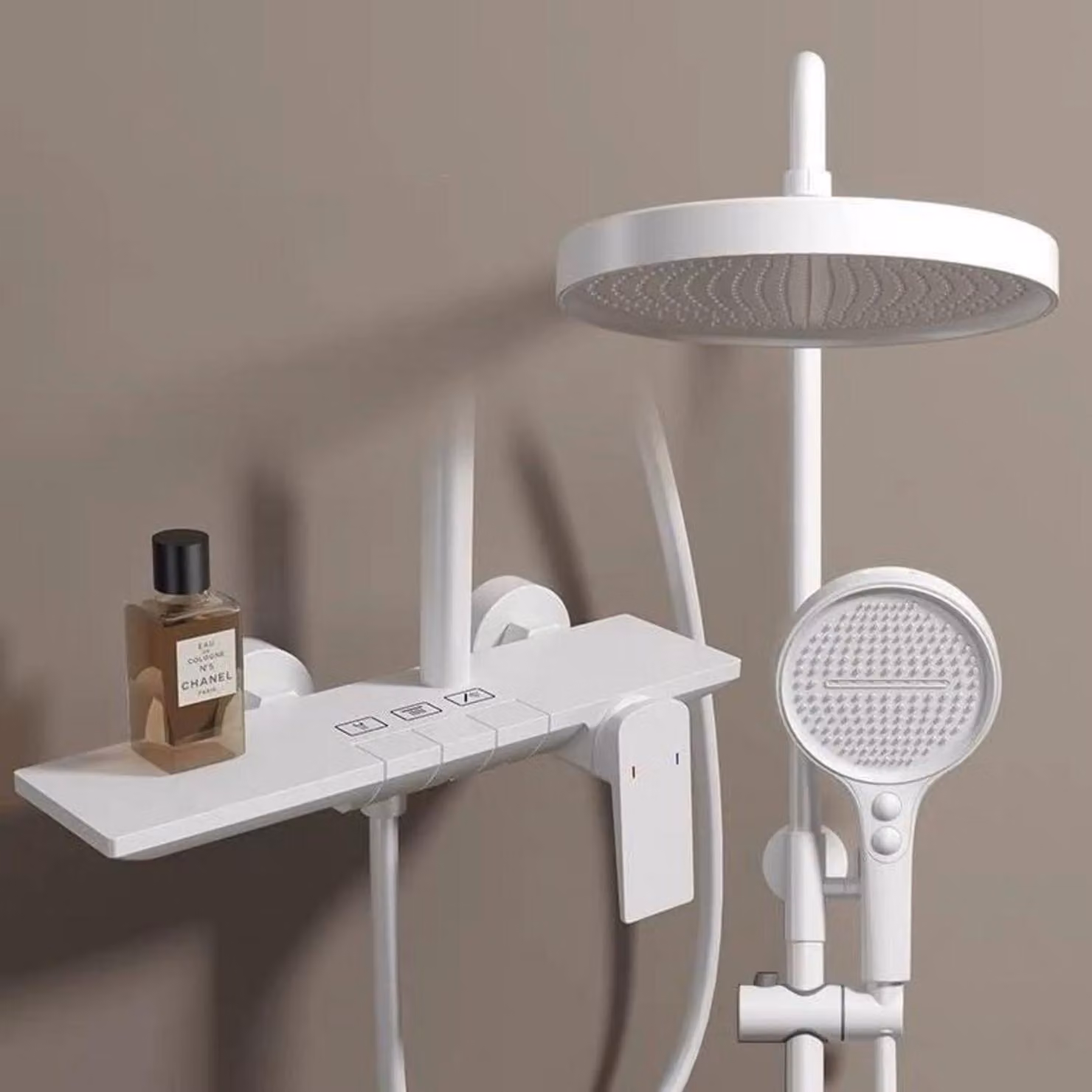 Sistema doccia a pioggia, miscelatore con altezza regolabile, 32,5 cm, soffione a 4 getti, doccetta manuale