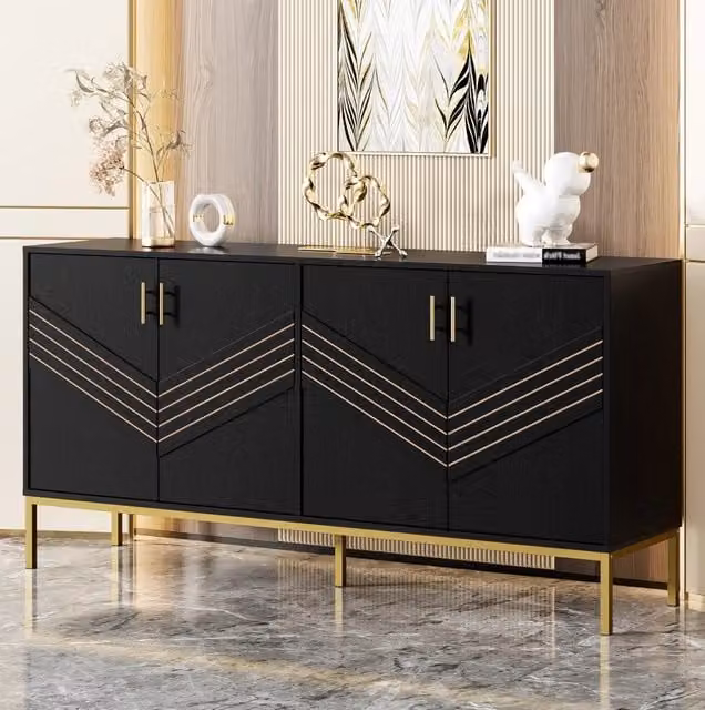 Sideboard moderno in MDF con 4 ante e ripiani regolabili, finitura opaca nero e marrone, L 160 cm x P 40 cm x H 80,5 cm