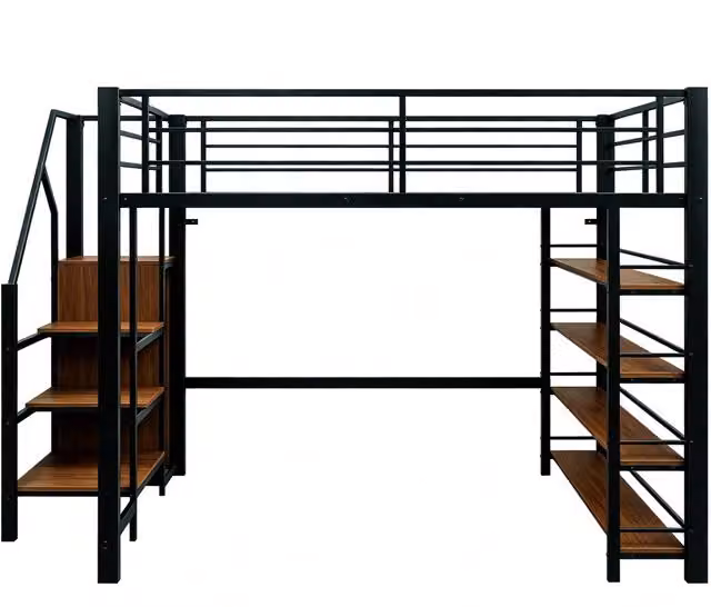 Letto a soppalco 140x200 cm con scala contenitore e ripiani in metallo; nero