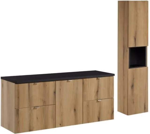 Insieme VANO aspetto rovere e nero 170cm: mobile sottolavabo con cassetti e cesto per la biancheria integrato + piano per lavabo + colonna