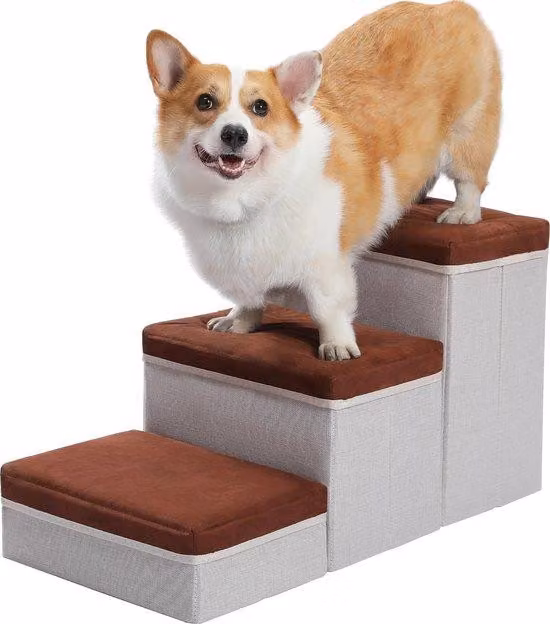 Scala per cani - Con vano portaoggetti - Gradino per cani - Facile da installare - Fino a 36 kg - Passerella per cani - Scaletta per cani - Scala per cani a 3 gradini - 75x40x35 cm - Passerella per cani - Grigio con cuscini marroni