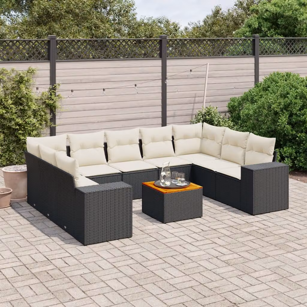 Set di Divani da Giardino vidaXL 10 Pezzi in Polyrattan Nero con Cuscini e Tavolino da Esterno – 1