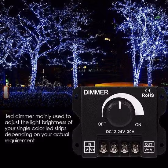 Interruttore per strisce LED con luminosità regolabile per strisce LED da 12-24 V CC, controller di regolazione PWM da 30 A, verde.