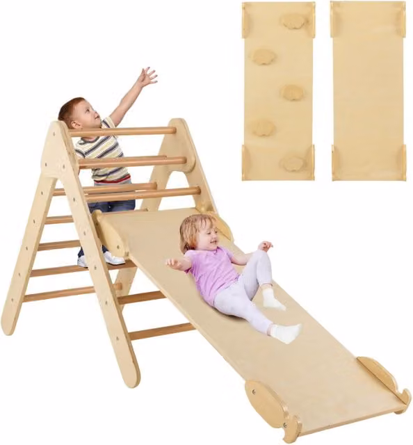 Set di arrampicata triangolare 3 in 1 multiuso in legno naturale beige e marrone L/P/H: 86,5 x 48 x 73,5 cm