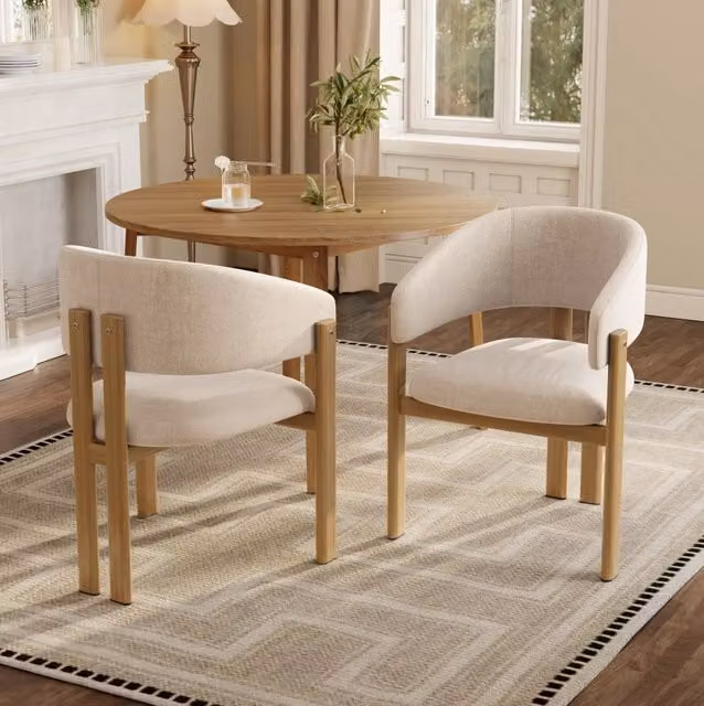 Set 6 sedie da pranzo con braccioli in lino beige e struttura in metallo effetto legno HAVRYA