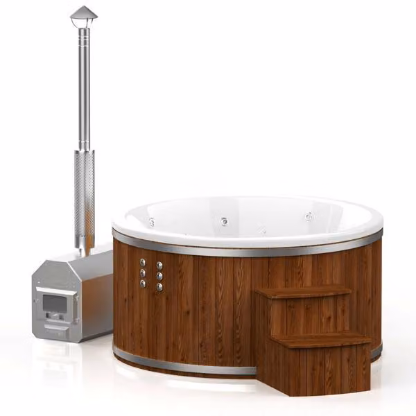 Whirlpool Badefass externer Holzofen Thermoholz luxuriöser Gartenpool Wellness